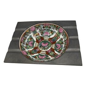 Rare Vintage MCM Rose Medallion Cantonware Pewter Style Ashtray Made In HongKong